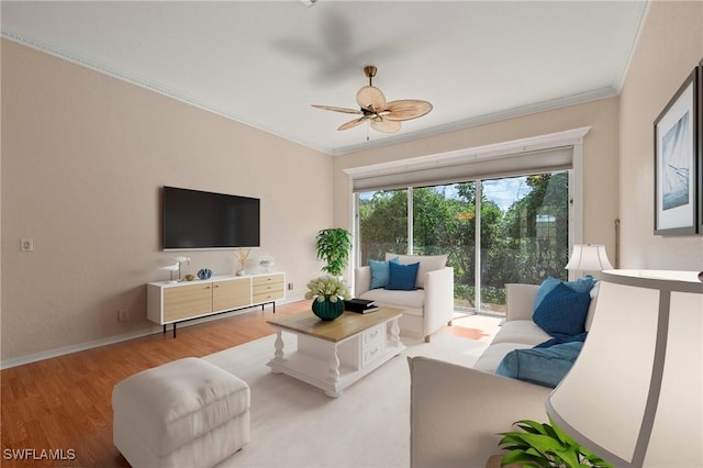 1435 Vintage Ln, Naples, FL 34104 - living room with crown molding, wood finished floors, and a ceiling fan