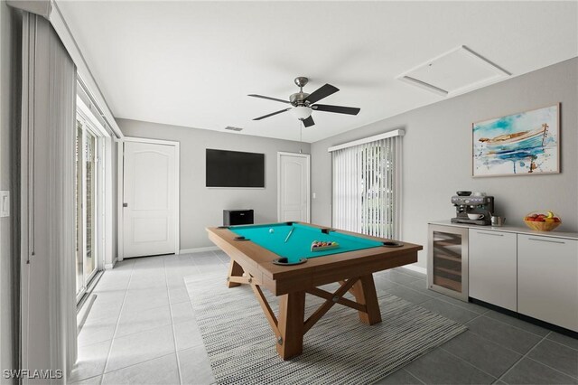 1435 Vintage Ln, Naples, FL 34104 - recreation room with light tile patterned floors, wine cooler, pool table, ceiling fan, and attic access