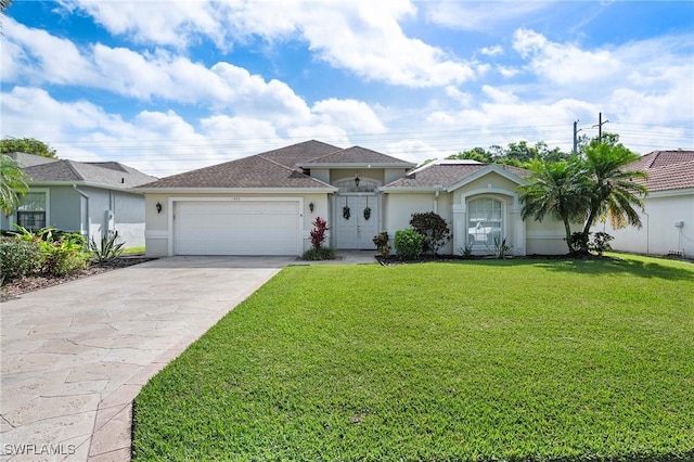 1435 Vintage Ln, Naples, FL 34104 - view of front facade featuring stucco siding, an attached garage, driveway, and a front lawn
