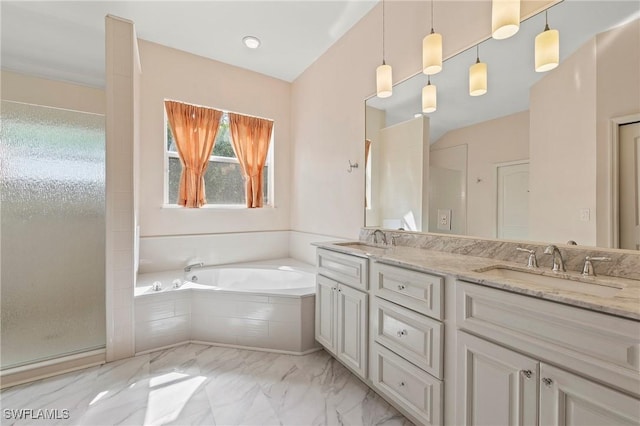 1435 Vintage Ln, Naples, FL 34104 - full bath with marble finish floors, double vanity, a garden tub, and a shower stall
