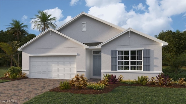 1255 Brumfield Xing, Fort Myers, FL 33905 - view of front of property featuring decorative driveway, an attached garage, stucco siding, and a front lawn
