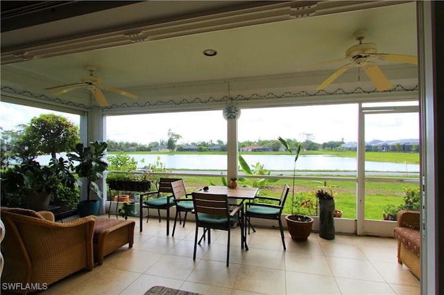 25561 Fairway Dunes Ct, Bonita Springs, FL 34135 - sunroom featuring a ceiling fan and a water view