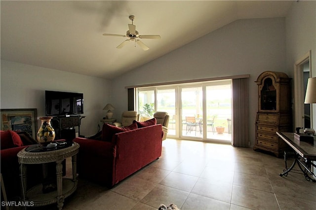 25561 Fairway Dunes Ct, Bonita Springs, FL 34135 - living room with lofted ceiling, a ceiling fan, and light tile patterned floors