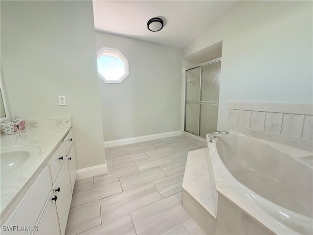 1438 Navigator Rd, Punta Gorda, FL 33983 - full bath featuring a stall shower, a bath, vanity, baseboards, and a textured ceiling