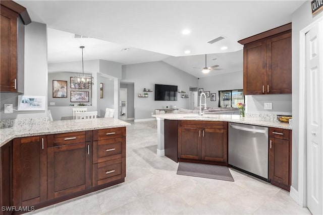 14121 Roof St, Fort Myers, FL 33905 - kitchen featuring dishwasher, a peninsula, vaulted ceiling, a sink, and open floor plan