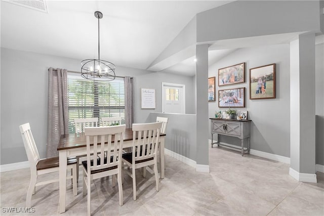 14121 Roof St, Fort Myers, FL 33905 - dining space featuring a chandelier, vaulted ceiling, and baseboards