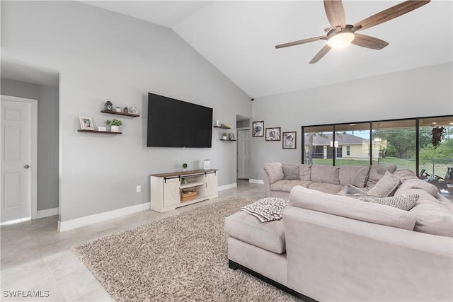 14121 Roof St, Fort Myers, FL 33905 - living room with high vaulted ceiling, a ceiling fan, baseboards, and light tile patterned flooring