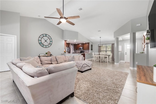 14121 Roof St, Fort Myers, FL 33905 - living room featuring lofted ceiling, ceiling fan, and light tile patterned flooring