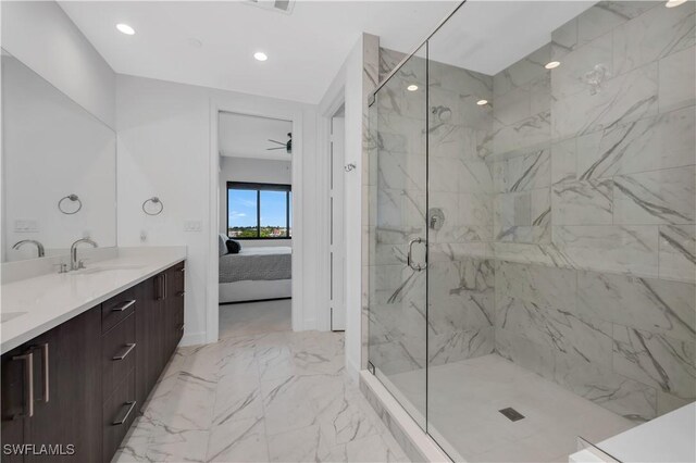 1115 Central Ave Unit 547, Naples, FL 34102 - full bathroom featuring ensuite bath, a marble finish shower, double vanity, marble finish floors, and recessed lighting