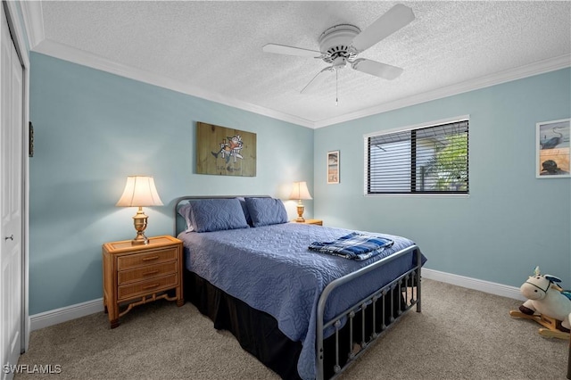 17451 Overhill Dr Unit F, Fort Myers, FL 33908 - carpeted bedroom with ornamental molding, a textured ceiling, baseboards, and a ceiling fan