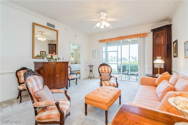 14051 Brant Point Cir Unit 8105, Fort Myers, FL 33919 - living room with a ceiling fan, light carpet, and ornamental molding