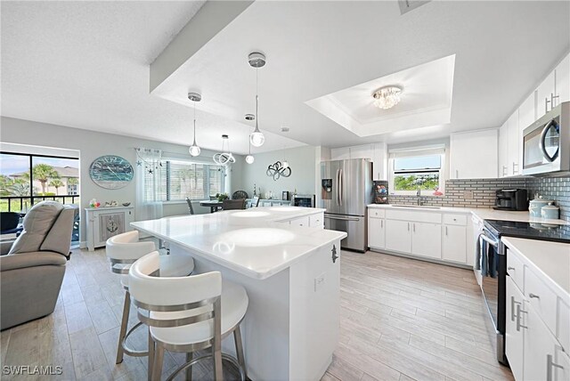 2 Pirates Ln Unit 24B, Punta Gorda, FL 33955 - kitchen with stainless steel appliances, open floor plan, a sink, a kitchen island, and a raised ceiling