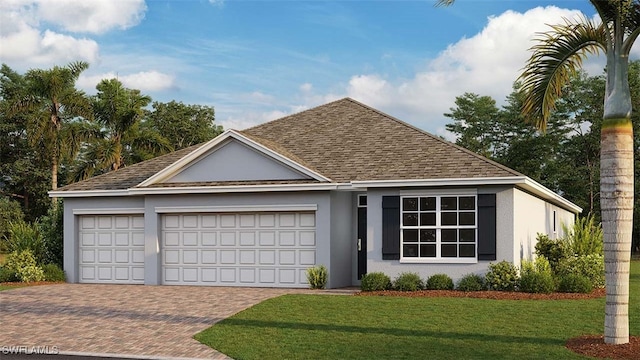3407 35th St SW, Lehigh Acres, FL 33976 - view of front of home featuring stucco siding, driveway, an attached garage, a front lawn, and a shingled roof