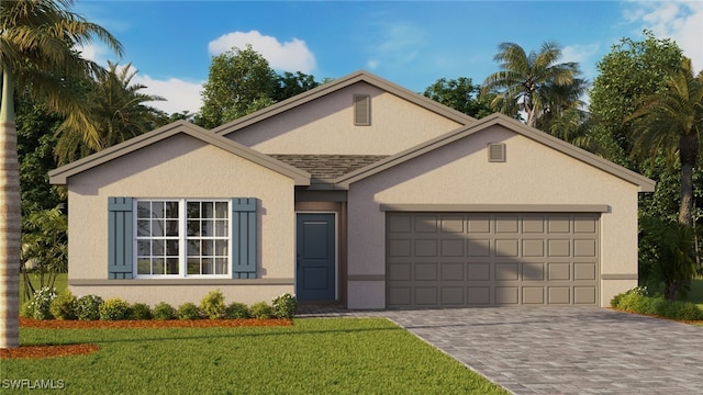 4135 Peaceful River Ln, Fort Myers, FL 33905 - view of front facade featuring stucco siding, a garage, a front lawn, driveway, and a shingled roof