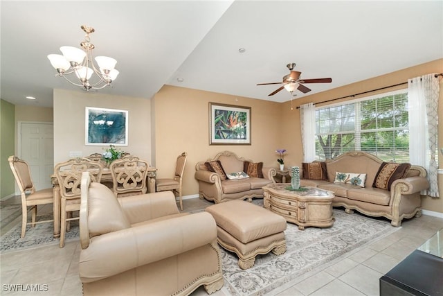 8570 Evernia Ct Unit 101, Estero, FL 34135 - living area with light tile patterned floors, a chandelier, baseboards, and a ceiling fan