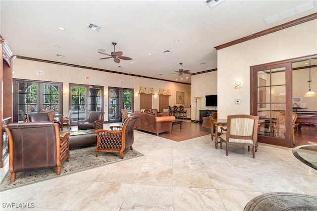 8570 Evernia Ct Unit 101, Estero, FL 34135 - tiled living room featuring crown molding, a ceiling fan, recessed lighting, and french doors