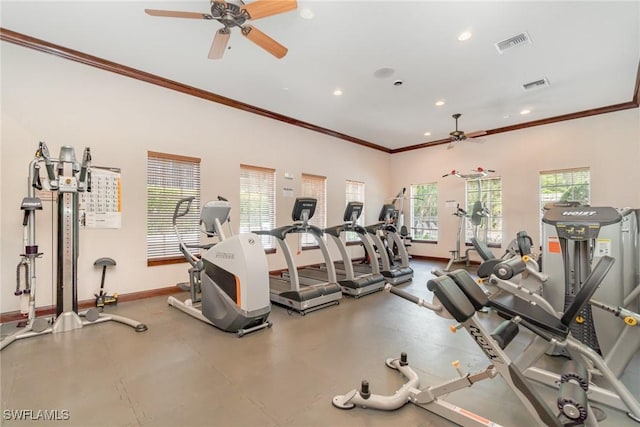 8570 Evernia Ct Unit 101, Estero, FL 34135 - exercise room with ceiling fan, baseboards, ornamental molding, and recessed lighting