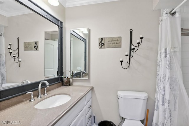 3500 Liberty St, Port Charlotte, FL 33948 - bathroom featuring vanity, toilet, crown molding, and a shower with curtain