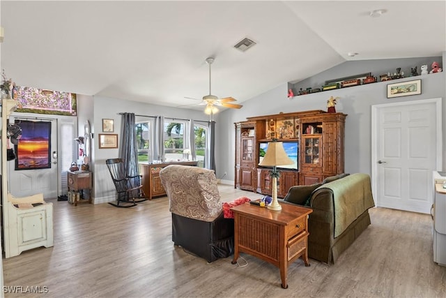 923 SW 4th Pl, Cape Coral, FL 33991 - living room with light wood-style floors, lofted ceiling, and ceiling fan