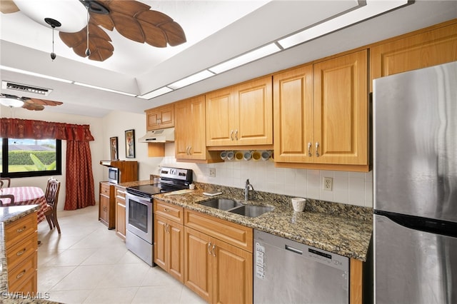 27771 Hacienda E Blvd Unit 223A, Bonita Springs, FL 34135 - kitchen with appliances with stainless steel finishes, a sink, a ceiling fan, under cabinet range hood, and light tile patterned floors