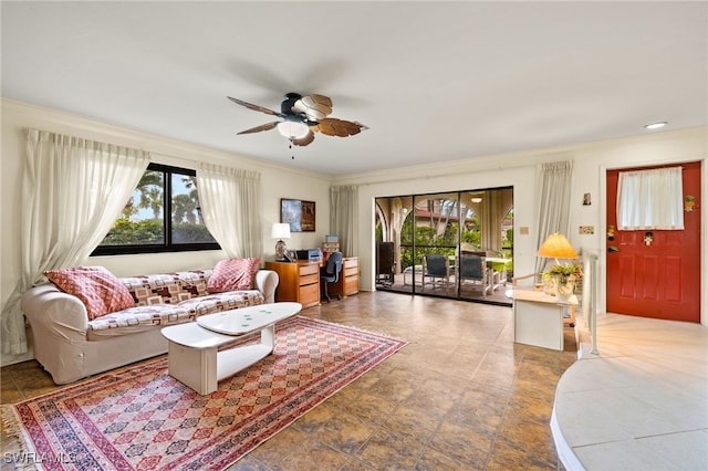 27771 Hacienda E Blvd Unit 223A, Bonita Springs, FL 34135 - living area with crown molding, healthy amount of natural light, a ceiling fan, and recessed lighting