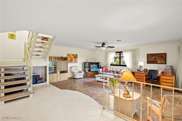 27771 Hacienda E Blvd Unit 223A, Bonita Springs, FL 34135 - living area featuring stairway, a desk, ornamental molding, a ceiling fan, and tile patterned floors