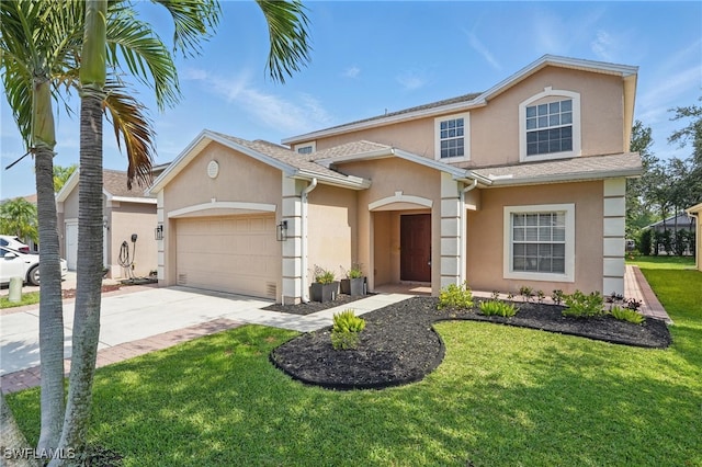 8888 Falcon Pointe Loop, Fort Myers, FL 33912 - traditional-style house with stucco siding, an attached garage, concrete driveway, and a front lawn