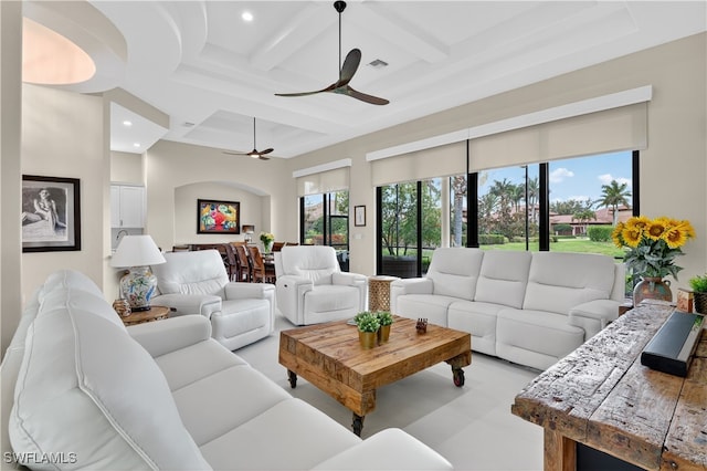 6528 Costa Cir, Naples, FL 34113 - living area featuring coffered ceiling, a ceiling fan, beamed ceiling, and recessed lighting