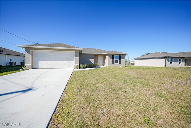 3002 NW 3rd Pl, Cape Coral, FL 33993 - view of front facade featuring a garage, driveway, central AC unit, a front yard, and stucco siding