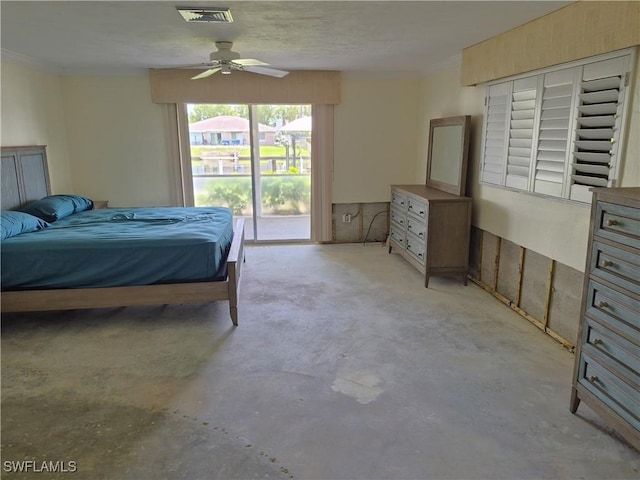 2114 Aruba Ave, Fort Myers, FL 33905 - bedroom with access to exterior, concrete floors, ornamental molding, and ceiling fan