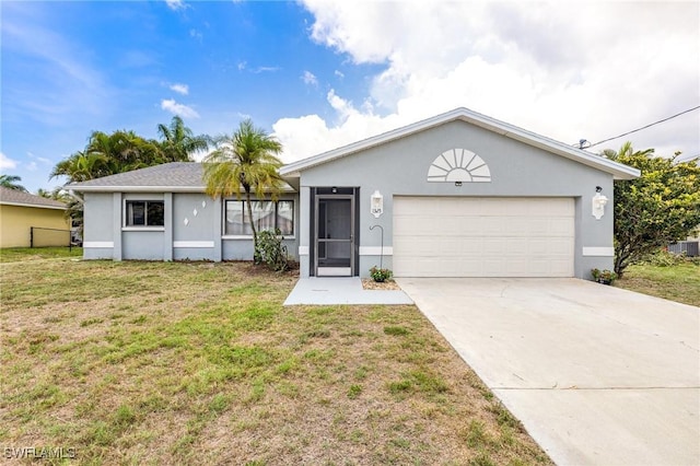 1325 SW 28th St, Cape Coral, FL 33914 - ranch-style house with stucco siding, a garage, a front yard, and concrete driveway
