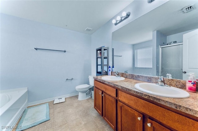 10329 Canal Brook Ln, Lehigh Acres, FL 33936 - full bathroom featuring a stall shower, double vanity, a bath, toilet, and baseboards