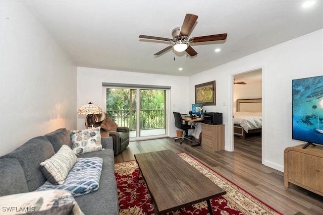 499 Forest Lakes Blvd Unit 306, Naples, FL 34105 - living room with ceiling fan, wood finished floors, recessed lighting, a desk, and baseboards
