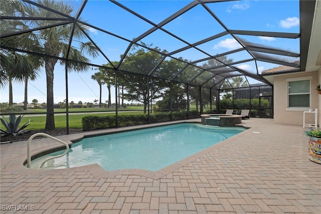 10521 Azzurra Dr, Fort Myers, FL 33913 - view of pool featuring a pool with connected hot tub, a patio, and glass enclosure