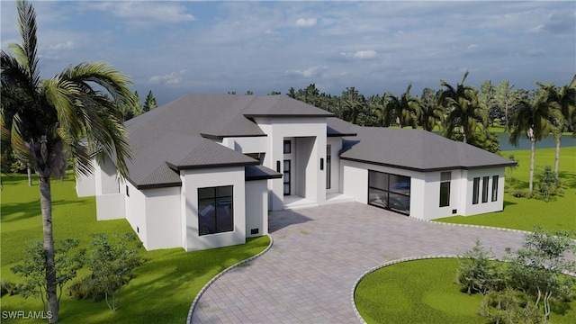 11220 Five Oaks Ln, Naples, FL 34120 - modern home featuring stucco siding, curved driveway, and a front yard