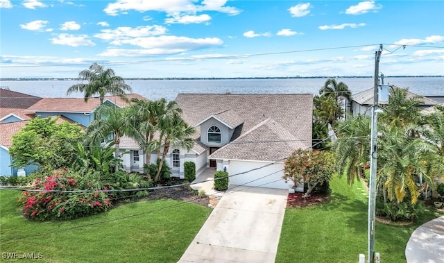 2250 SE 28th St, Cape Coral, FL 33904 - view of front of home with a front lawn, driveway, an attached garage, and a water view