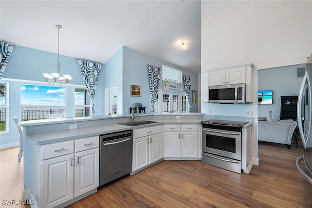 2250 SE 28th St, Cape Coral, FL 33904 - kitchen featuring stainless steel appliances, a sink, a peninsula, a chandelier, and high vaulted ceiling