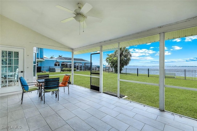 2250 SE 28th St, Cape Coral, FL 33904 - sunroom featuring vaulted ceiling, ceiling fan, a water view, and outdoor dining area
