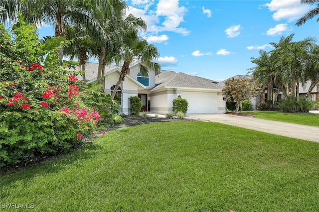 2250 SE 28th St, Cape Coral, FL 33904 - view of front of house with stucco siding, concrete driveway, a front yard, and a garage