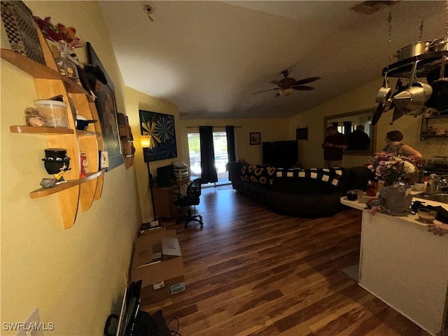 4767/4765 22nd St SW, Lehigh Acres, FL 33973 - living room featuring wood finished floors, vaulted ceiling, and a ceiling fan