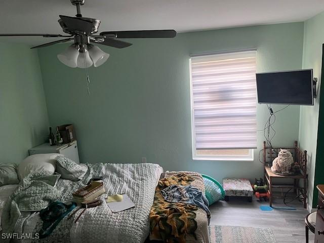 4767/4765 22nd St SW, Lehigh Acres, FL 33973 - bedroom with multiple windows, wood finished floors, and ceiling fan