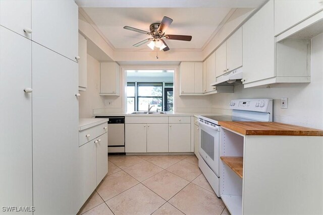 3127 Boca Ciega Dr Unit B6, Naples, FL 34112 - kitchen featuring white electric stove, dishwashing machine, under cabinet range hood, a sink, and a ceiling fan