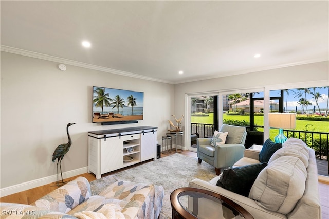 1080 S Collier Blvd Unit 103, Marco Island, FL 34145 - living area with light wood finished floors, ornamental molding, baseboards, and recessed lighting