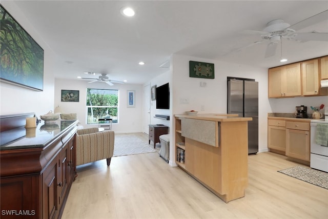 2662 Mangrove St, Naples, FL 34112 - kitchen with a ceiling fan, freestanding refrigerator, white electric range oven, light wood-style flooring, and recessed lighting