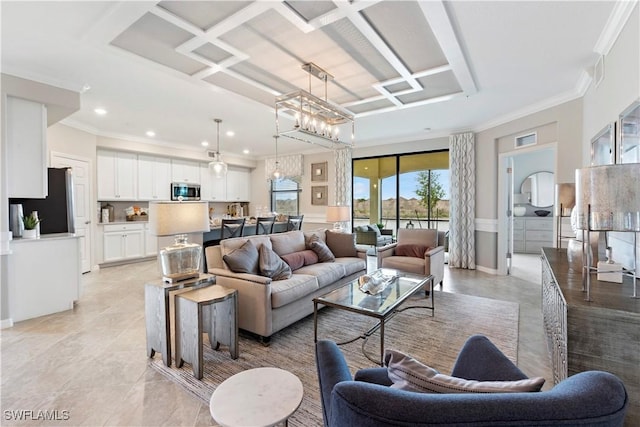 14826 Birchwood Ct Unit 6711, Punta Gorda, FL 33955 - living area with crown molding, recessed lighting, baseboards, light tile patterned floors, and coffered ceiling