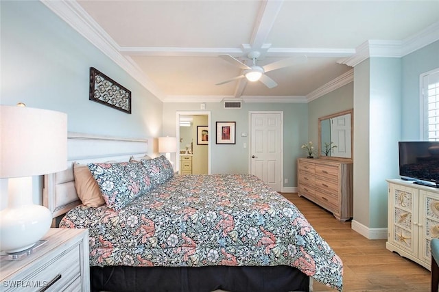 3443 Gulf Shore Blvd N Unit 409, Naples, FL 34103 - bedroom featuring light wood-style flooring, crown molding, baseboards, a ceiling fan, and connected bathroom