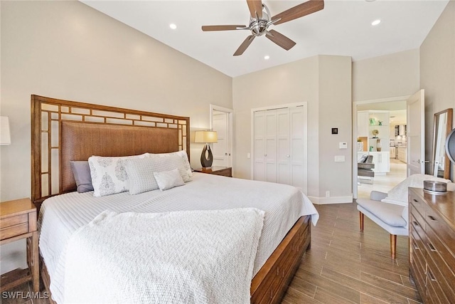 13461 Bridgeford Ave, Bonita Springs, FL 34135 - bedroom featuring dark wood finished floors, a closet, a ceiling fan, baseboards, and recessed lighting