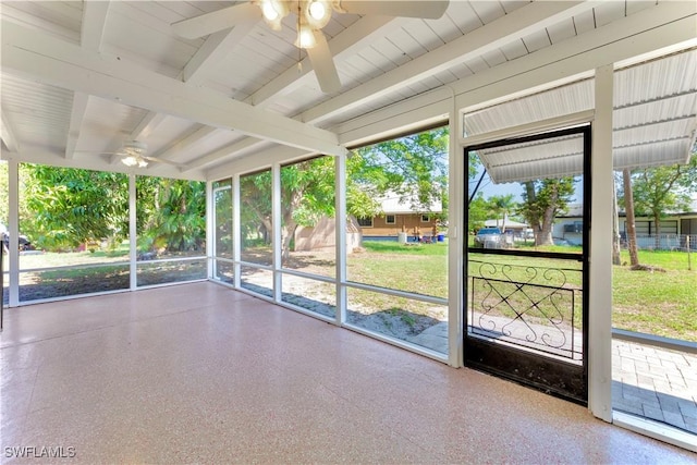 4101 Rainbow Dr, Fort Myers, FL 33916 - unfurnished sunroom featuring a ceiling fan, beamed ceiling, and healthy amount of natural light