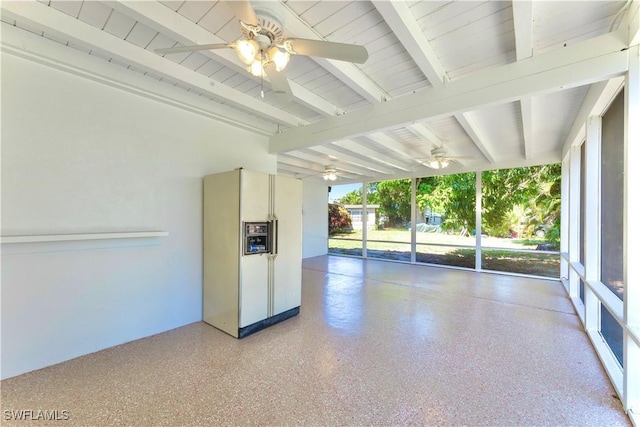 4101 Rainbow Dr, Fort Myers, FL 33916 - unfurnished room featuring beam ceiling, ceiling fan, dark speckled floor, and a sunroom