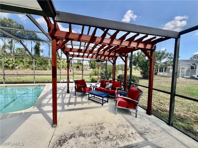40 Ortona St, Lehigh Acres, FL 33936 - view of patio / terrace with an outdoor hangout area, an outdoor pool, a pergola, and glass enclosure